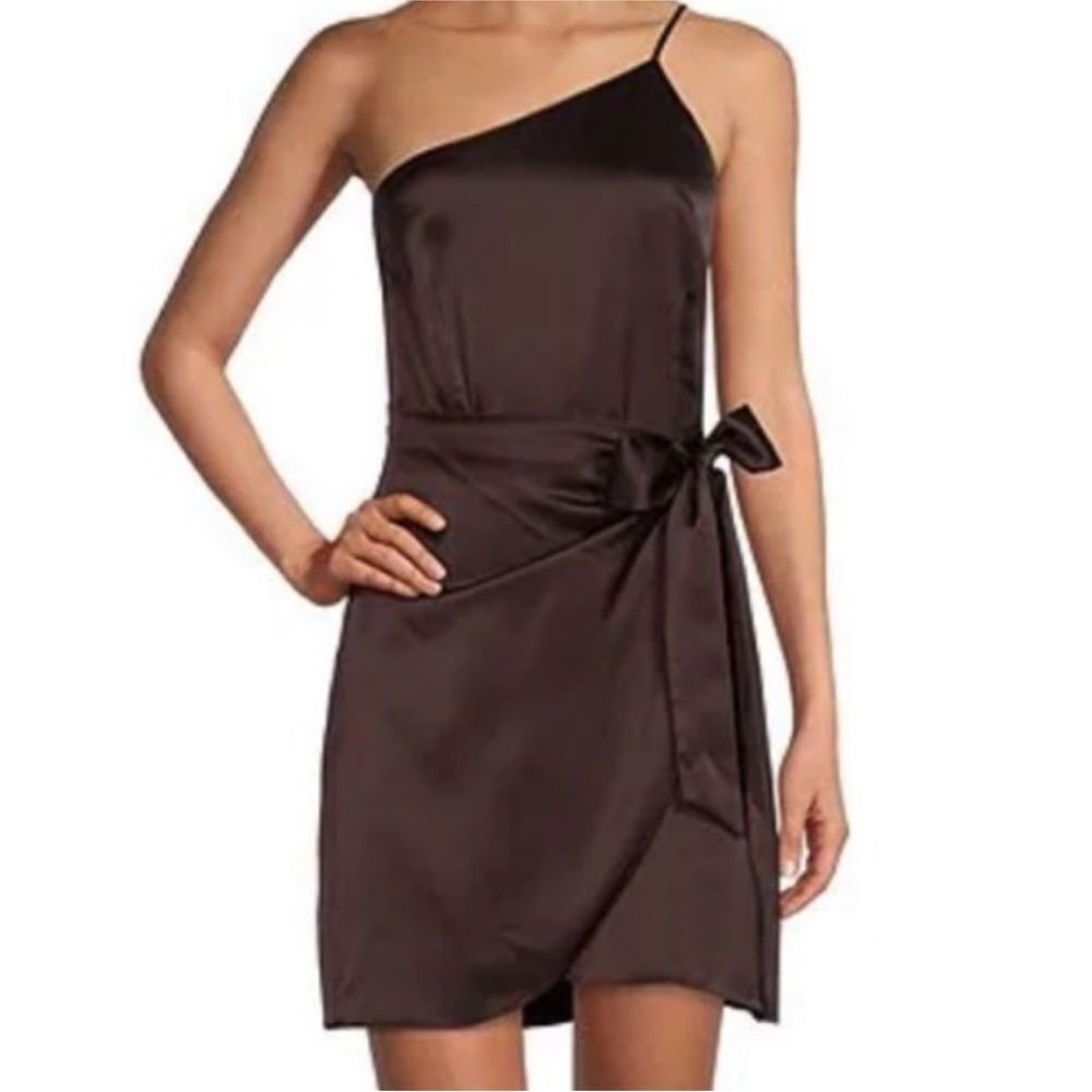 Gianni Bini brown satin one shoulder faux wrap mini dress 6